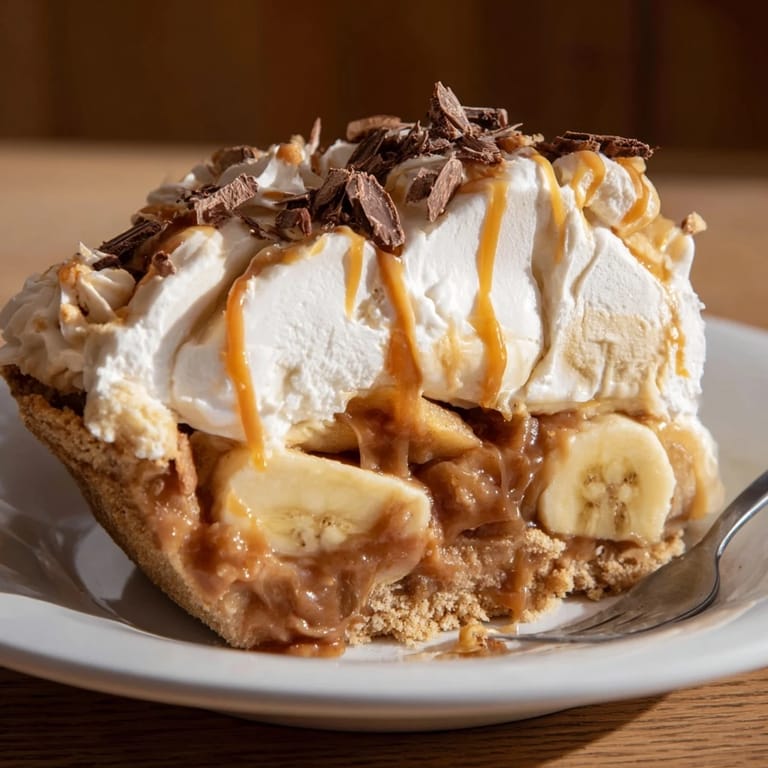 Sliced bananas and warm caramelize apples create a decadent banoffee pie experience.  