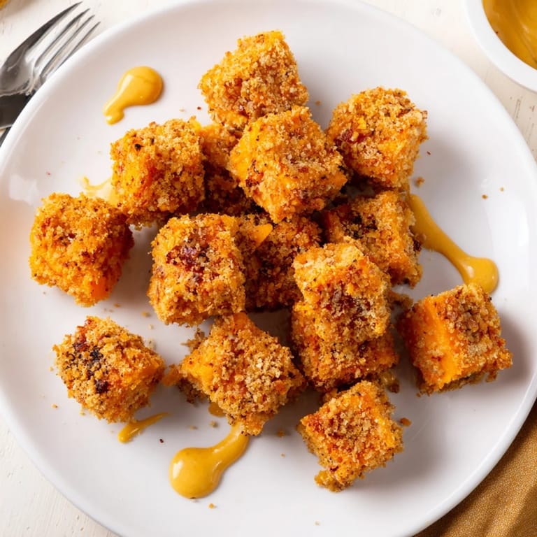 Golden roasted sweet potato bites in crunchy pretzel coating, perfect for snack lovers.  