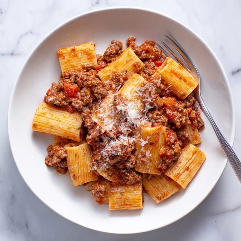 Aromatic Homemade Bolognese Sauce bubbling with fresh herbs and served over pasta.  