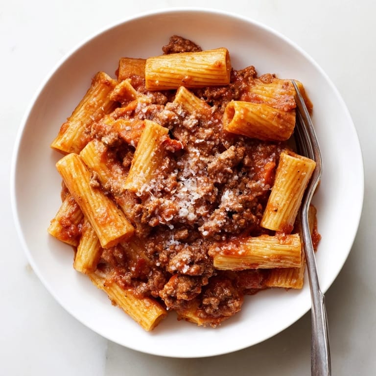 Delicious Homemade Bolognese Sauce with ground meats and Parmesan, perfect for family dinners.
