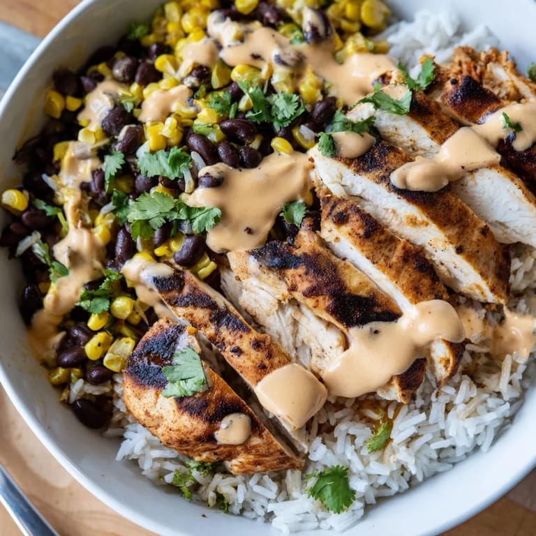 Enjoy a colorful Chipotle Chicken Bowl featuring grilled chicken, beans, and fresh corn.  