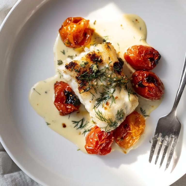 Delicious grilled cod with sweet tomatoes, drizzled with a rich, smooth dill sauce.
