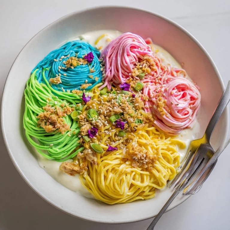 Colorful noodles in airy cloud-like sauce, perfect for whimsical dinner parties.  