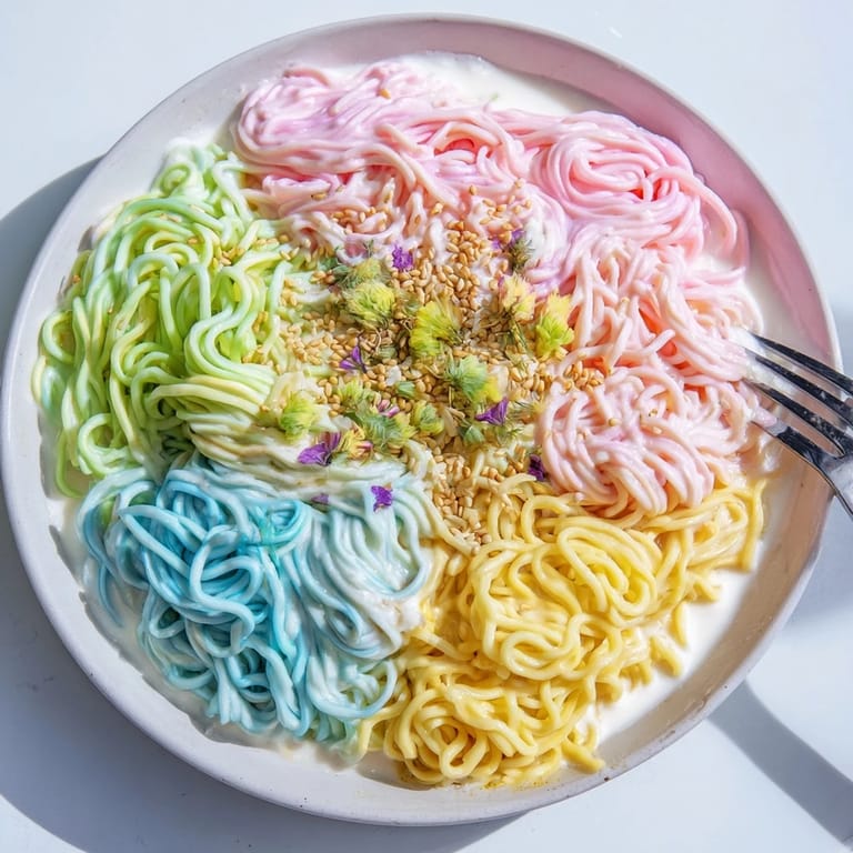 Whimsical Neon Noodle Cloud, topped with scallions and edible flowers for garnish.