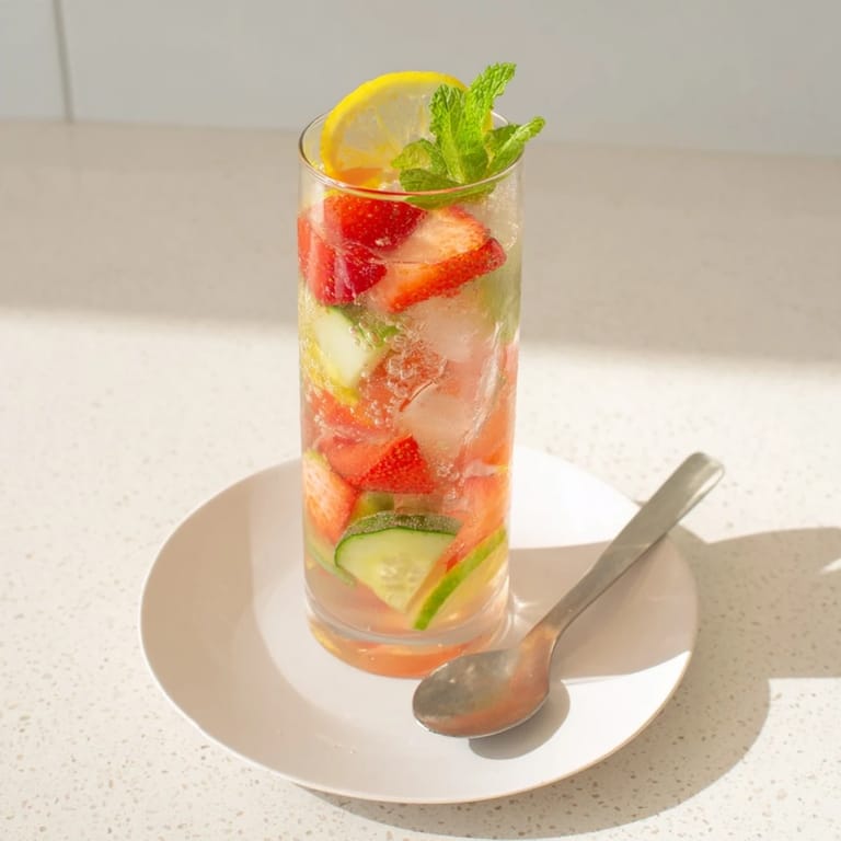 Cool Water-Based Mocktails served in tall glasses, featuring vibrant strawberries and cucumbers.