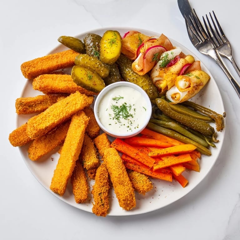 Savory fried pickles accompanied by zesty dipping sauce and vibrant pickled veggies.