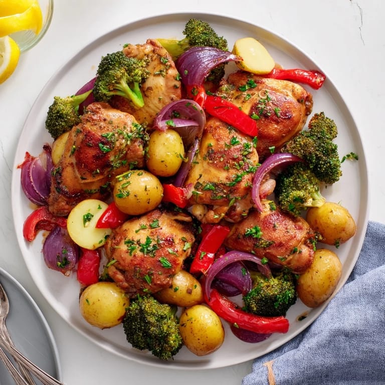 Succulent Lazy Gourmet Chicken & Vegetable One-Pot, served with fresh lemon wedges on the side.  