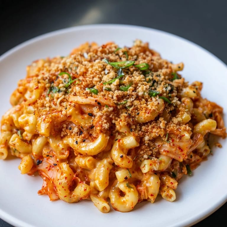Vibrant Spicy Kimchi Mac & Cheese blending tangy kimchi and melted cheeses delightfully.  