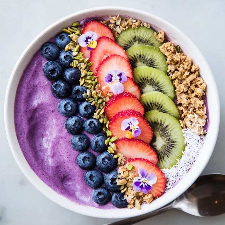 Nutrient-rich smoothie bowls with unique flavors, garnished with edible flowers and granola.