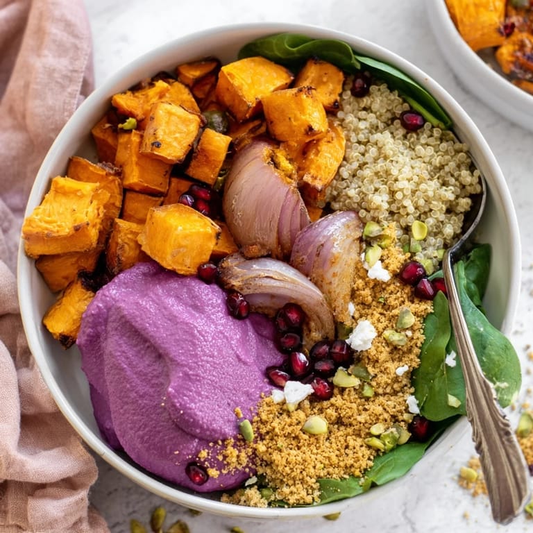 A colorful bowl of Spiced Winter Bowls featuring smoky roasted vegetables and pistachio crumble.