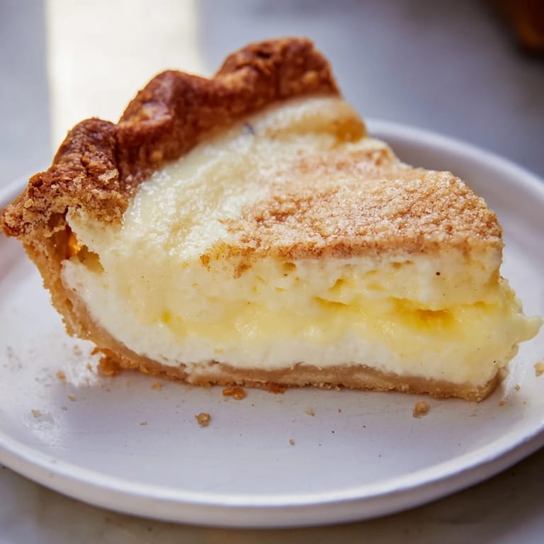 Golden-brown water pie slice served with vanilla ice cream and a sprinkle of cinnamon.  