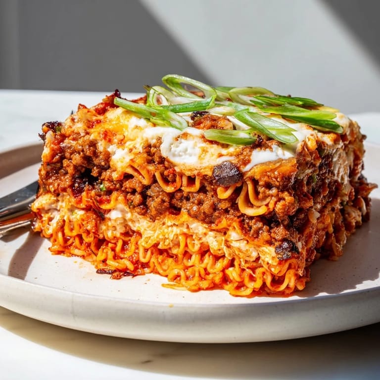Fusion spicy ramen lasagna baked to perfection, featuring noodles, ground pork, and gooey cheese.