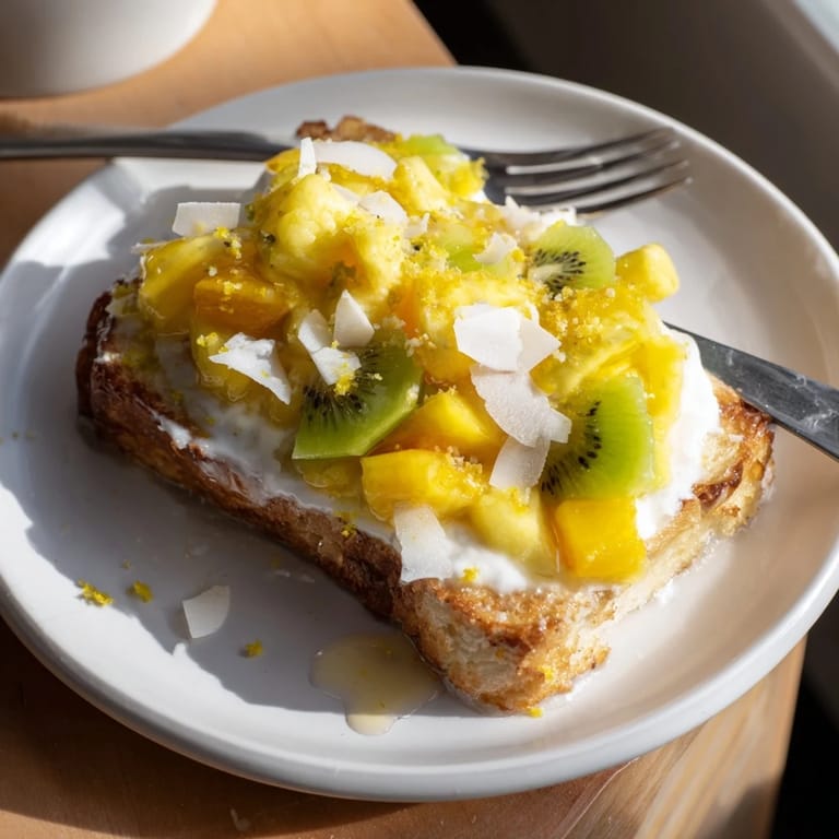 Golden-baked yogurt-custard toast, drizzled with honey, bursting with fresh fruit.  