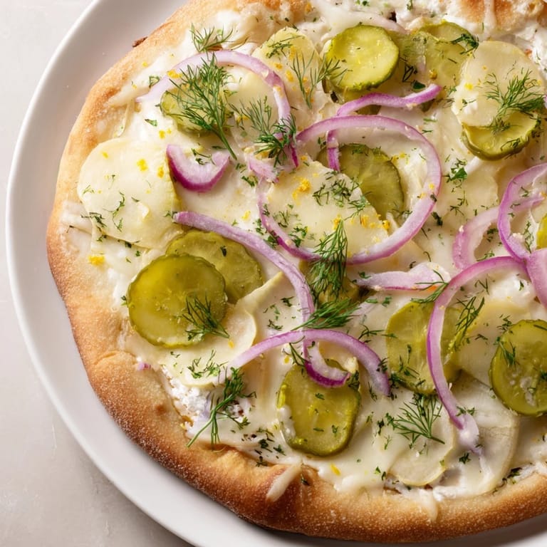 Golden-brown Pickle Pizza with rich crème fraîche and zesty dill flavor.