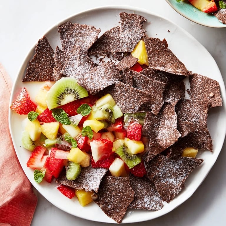 Delicious chocolate dessert chips & salsa served with fresh tropical fruit mix.  