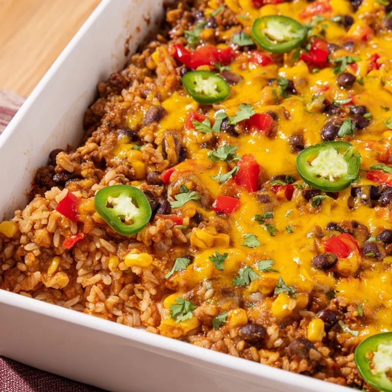A bubbling Tex-Mex Beef & Rice Casserole with a golden cheese crust, showcasing the layered ingredients.