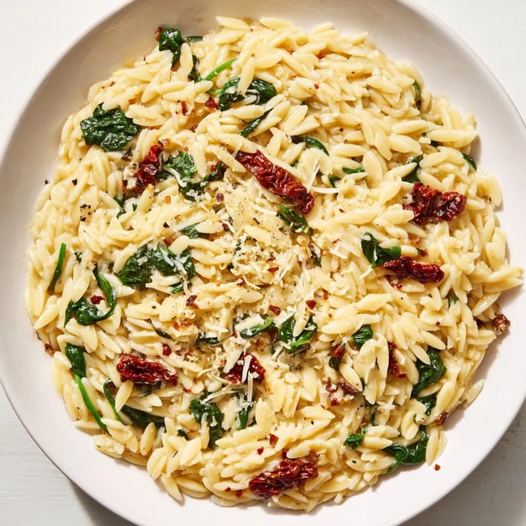 Savor the flavors: A warm Creamy Tuscan Orzo Bowl, garnished with Parmesan and fresh herbs.