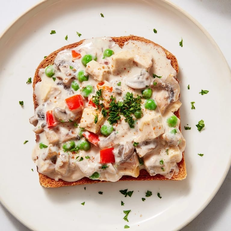 A close-up shot of chicken à la king, with tender chicken and veggies on buttered toast.