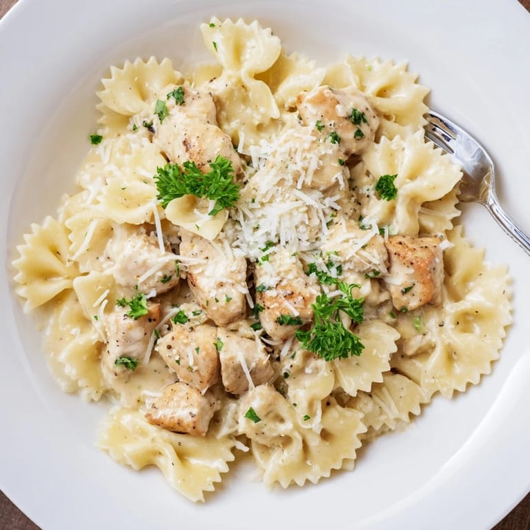A close-up of a generous serving of Mozzarella Garlic Butter Chicken Bowties, ready to be enjoyed as a meal.