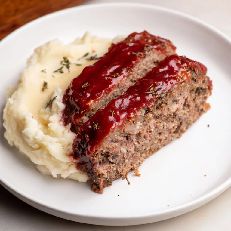 Homestyle Classic Meatloaf & Mashed Potatoes, a hearty plate with tender meatloaf and creamy side.