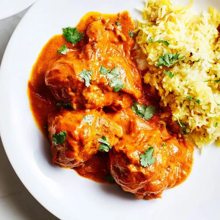 Creamy butter chicken with tender pieces alongside colorful basmati rice—a delicious, flavorful meal.