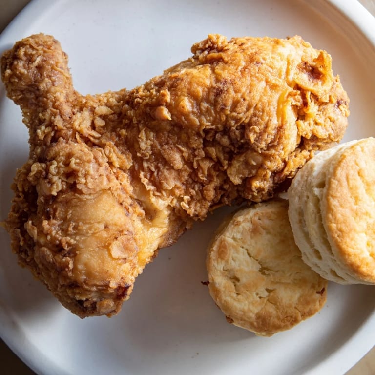 A close-up of crispy Southern fried chicken, served with warm buttermilk biscuits, ready to be enjoyed.