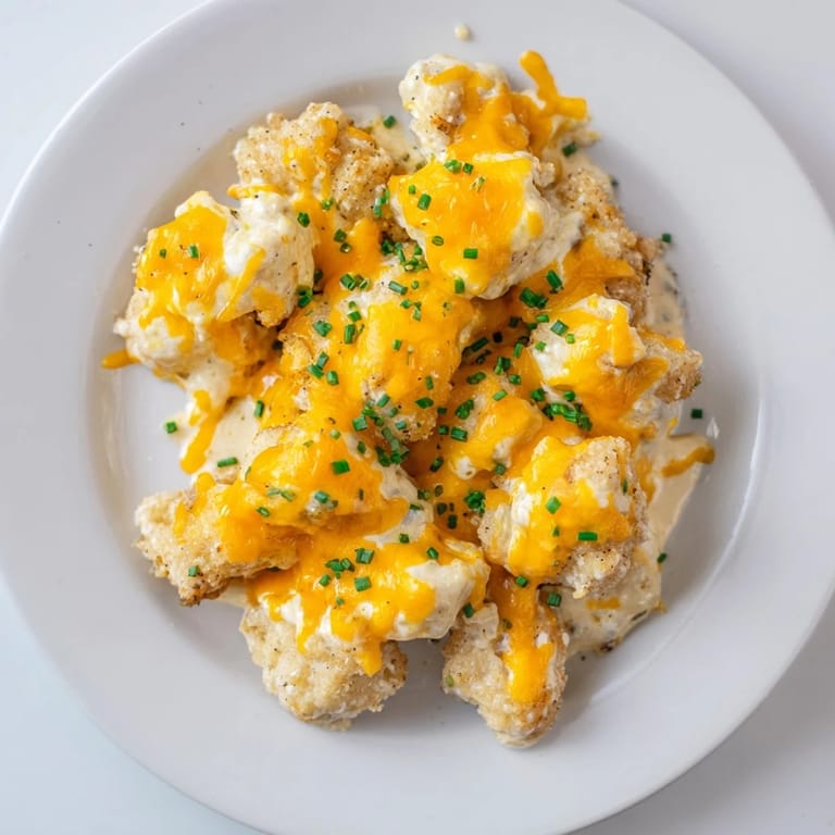 A close up shot of a cheesy Cheddar Ranch Chicken Bake with melted cheese and tender chicken.