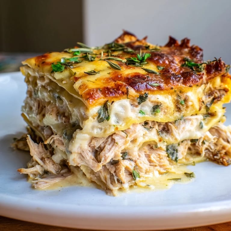 A bubbling, cheesy Rosemary Chicken Lasagna, with fragrant steam rising from the flavorful, hearty dish.