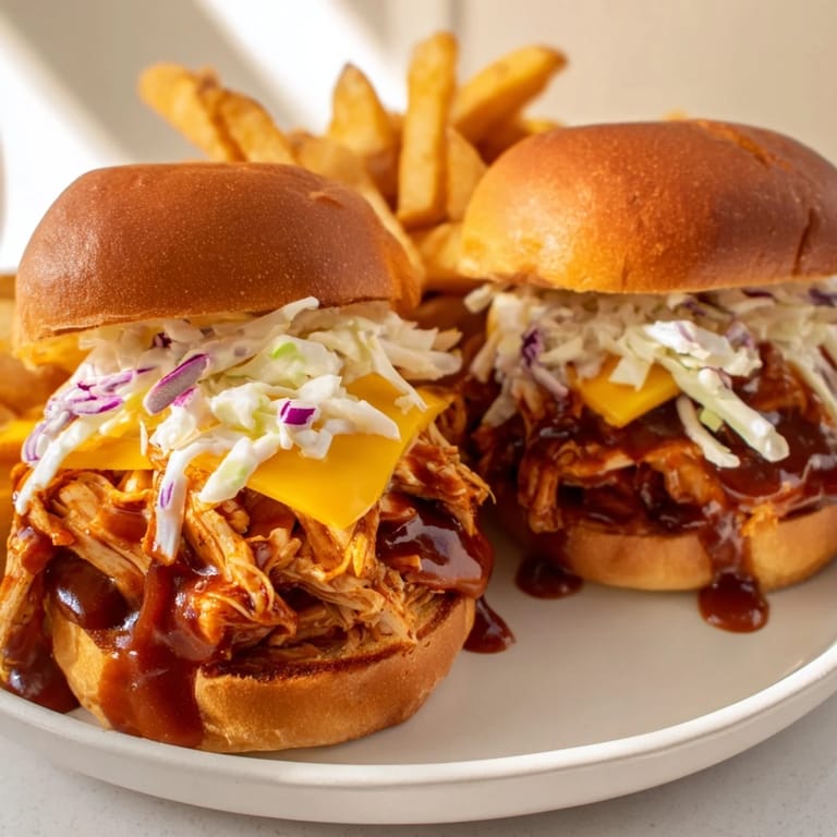 A close-up of delicious BBQ chicken sliders, bursting with flavor, served alongside crispy fries.