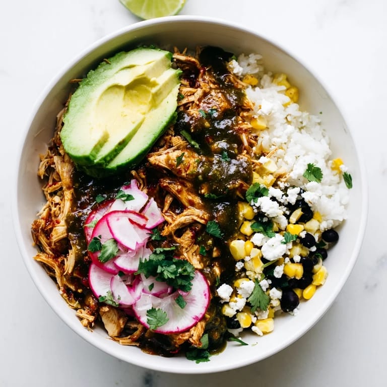 Delicious Green Enchiladas Rice Bowl featuring fluffy rice, tender chicken, zesty sauce, and fresh cilantro.