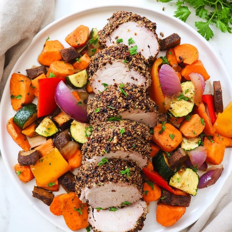 This image shows a beautifully roasted Roasted Garlic Pork Tenderloin surrounded by colorful, roasted veggies.