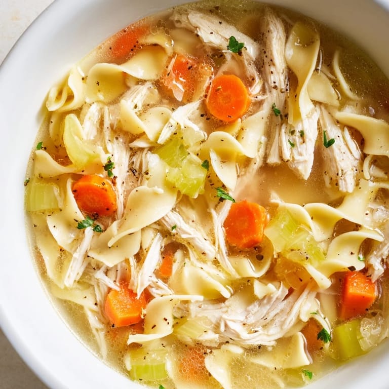 A warm bowl of homemade chicken noodle soup, with tender chicken and fluffy egg noodles.