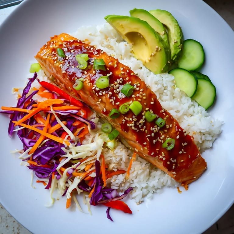 Enjoy a delicious sweet chili salmon rice bowl, with tender salmon and colorful, fresh vegetables.