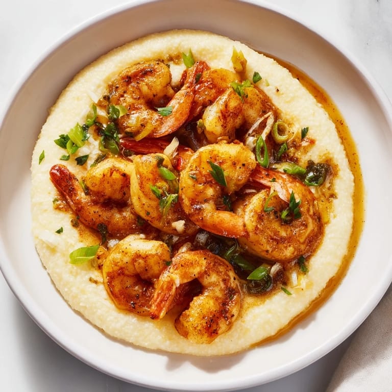 A close-up view of Shrimp & Grits glistening with a buttery, garlic sauce, perfectly plated, ready to enjoy.