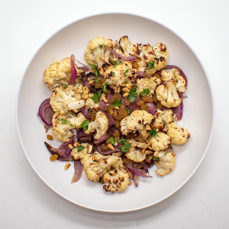 Freshly tossed Warm Roasted Cauliflower Salad with toasted pine nuts, perfect as a side dish.