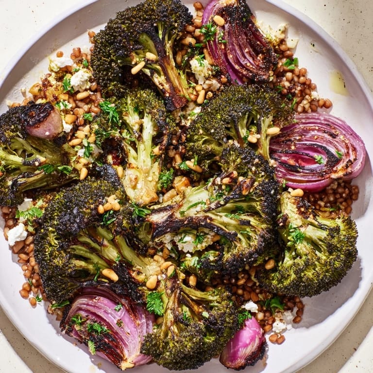 Close-up of a delicious plate: caramelized broccoli atop farro in the Warm Roasted Broccoli with Garlic-Lemon recipe.