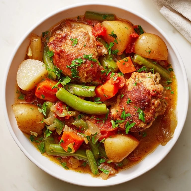 Flavorful American Slow-Cooker Chicken & Vegetable Stew, simmering slowly in a crockpot with rich broth.