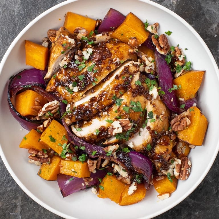 A close-up of a vibrant Roasted Chicken & Winter Squash Sheet-Pan Salad, showcasing roasted squash and herbs.