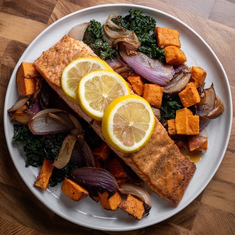 A colorful photo of sheet-pan salmon showcasing tender salmon alongside caramelized root vegetables.