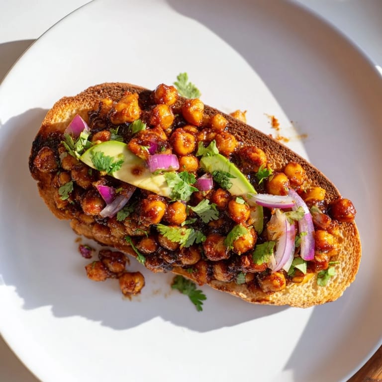 Savory BBQ chickpeas on toast: a vegan delight with vibrant garnishes and a delightful crunch from toasted bread.