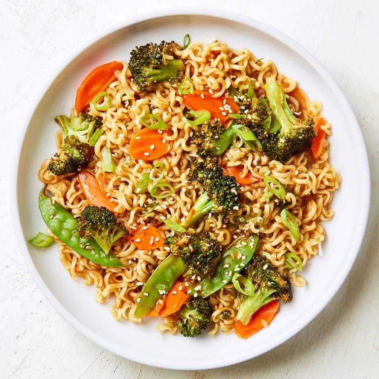 Freshly made Ramen Noodle Stir-Fry Remix: a quick, flavorful dinner with sesame seeds on top.