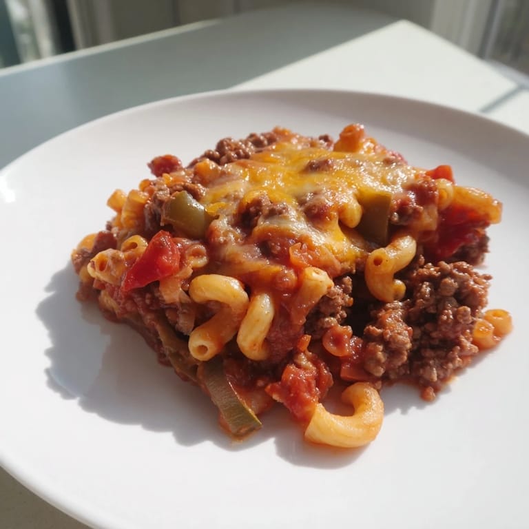 A bubbly, cheesy close-up shows a freshly baked, flavorful hamburger casserole ready to be served.