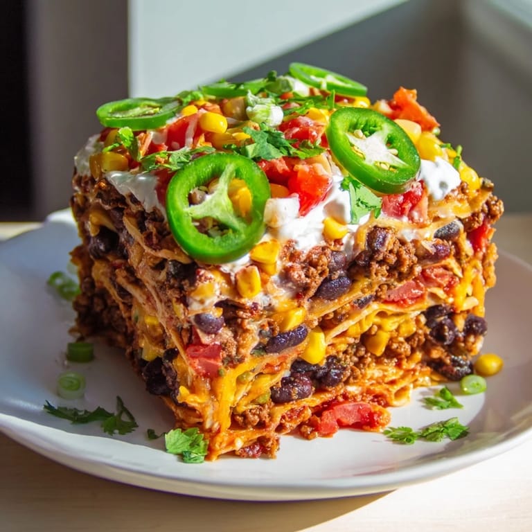 A close-up of a layered taco lasagna, brimming with savory ground meat and colorful vegetables.