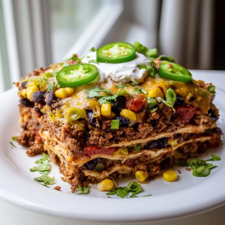 Delicious taco lasagna with bubbly cheese, perfect for a family dinner, ready to eat.