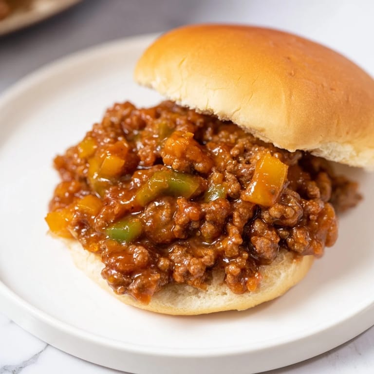A close-up of a delicious and messy Sloppy Joes sandwich with rich, flavorful sauce dripping down.