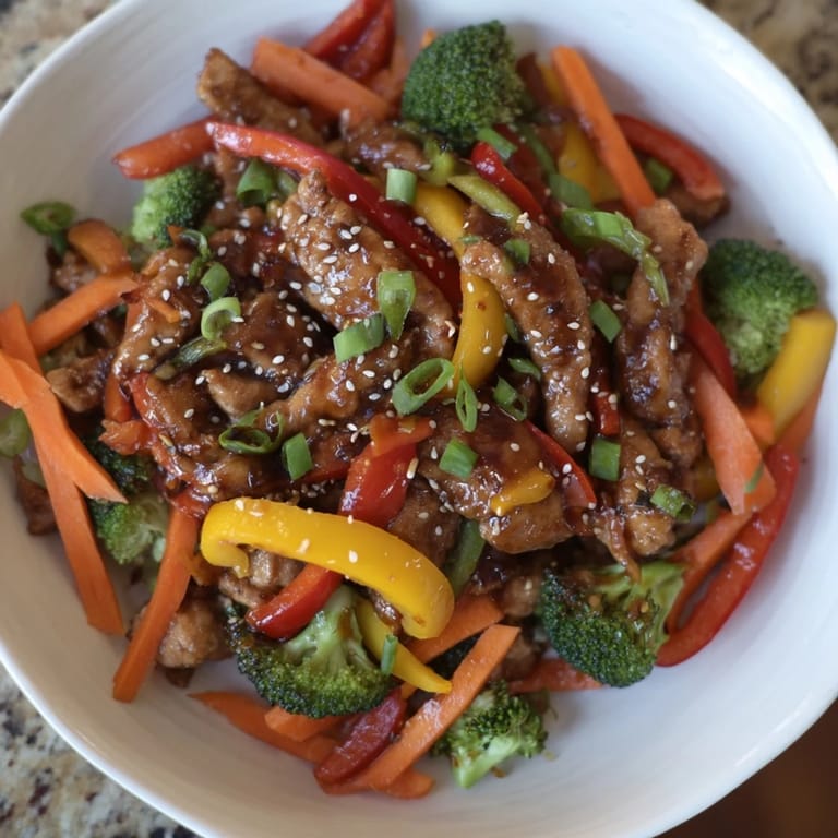 Sizzling Chicken Stir-Fry with Vegetables and Rice, a savory meal, fragrant with sesame and herbs.