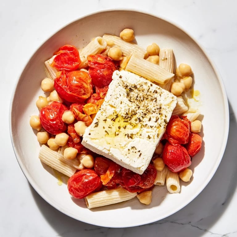 Creamy baked feta with roasted tomatoes and chickpeas, perfect over pasta or rice.