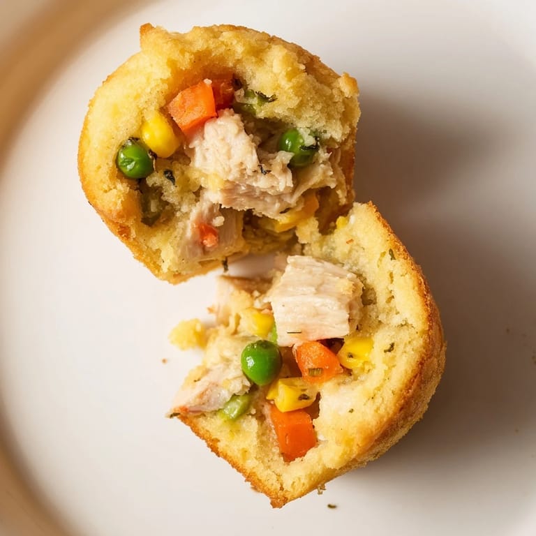 A close-up of savory Mini Chicken Pot Pie Cornbread Muffins, showcasing a fluffy cornbread crust.