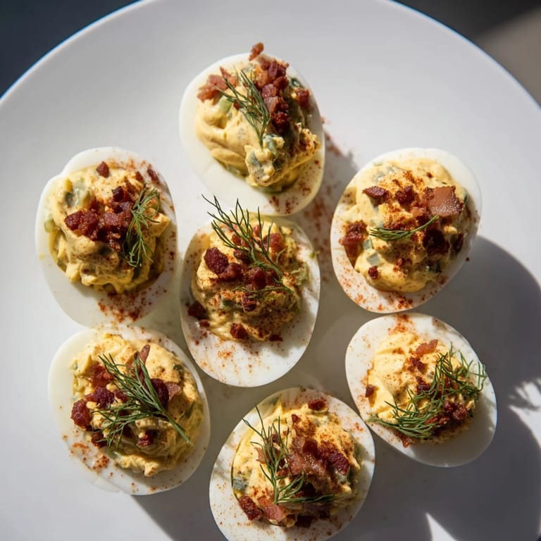 Perfect party platter: creamy loaded deviled eggs garnished with bacon, paprika, and fresh dill.