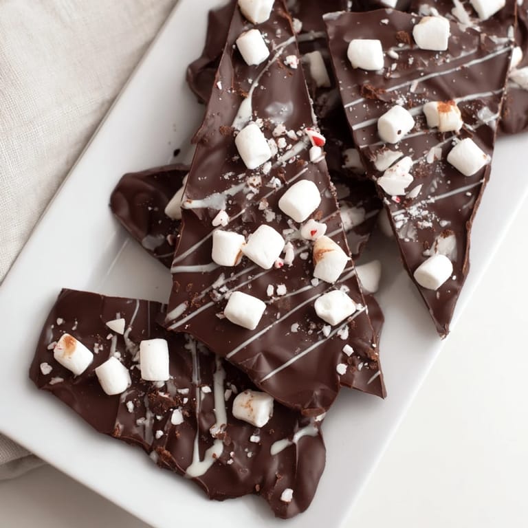 Homemade Hot Chocolate Bomb Bark with a marbled white chocolate design and crushed peppermint pieces.